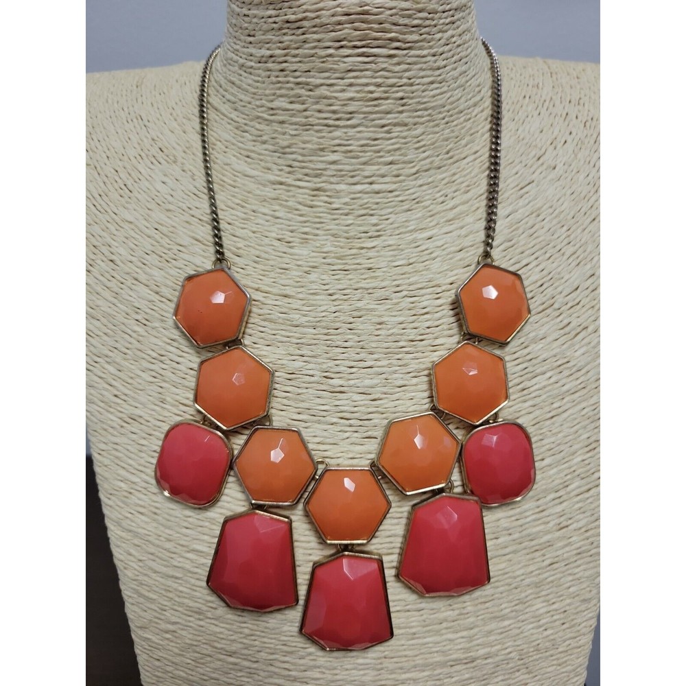 Costume Gold Tone Orange Pink Coral Lucite Faceted Geometric Statement Necklace